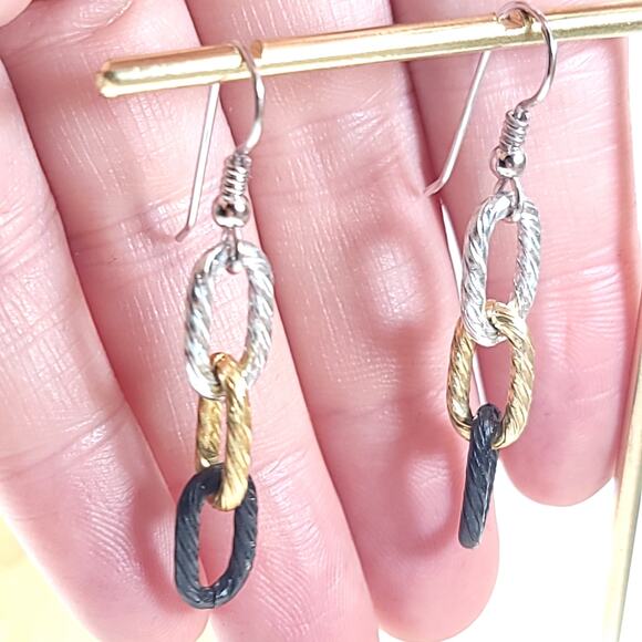 Tri-Color Link Earrings, Silver, Gold & Black Dangle Earrings, Modern Jewelry - Picture 10 of 10